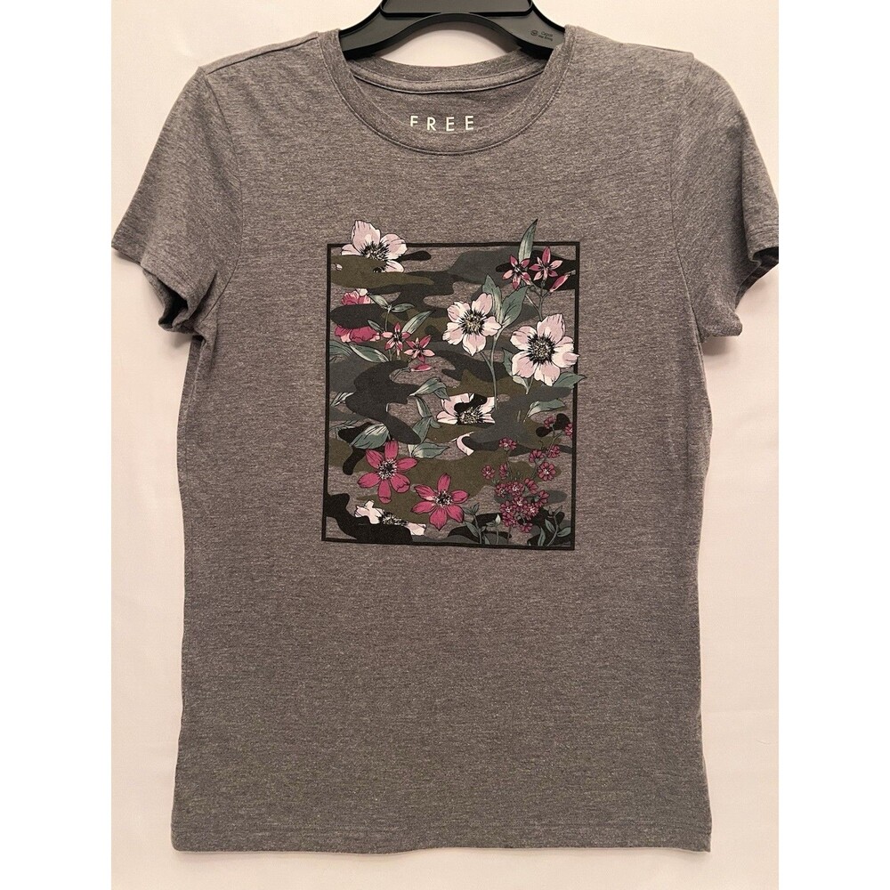 Free State Gray Floral Graphic Crew Neck Short Sleeve T-Shirt Women’s L